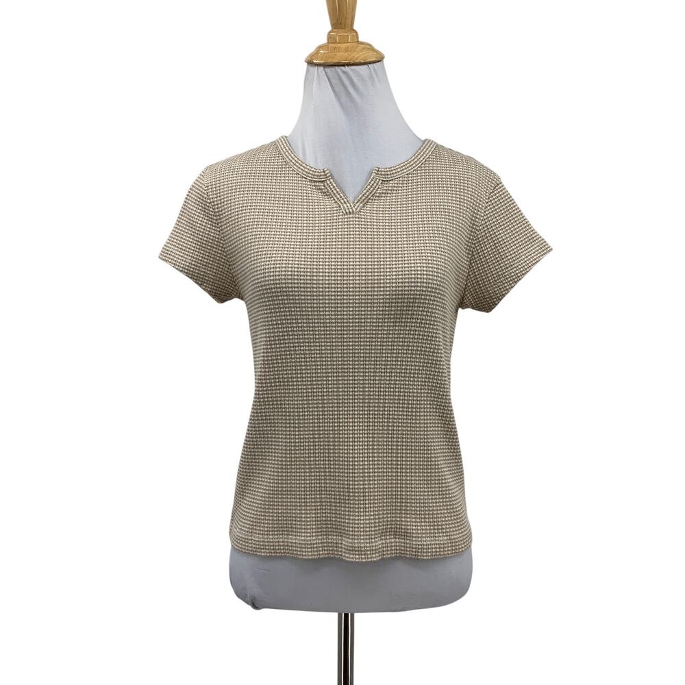 Madewell Tee Womens S Small Tan White Ribbed Split Neck Cropped Short Sleeve